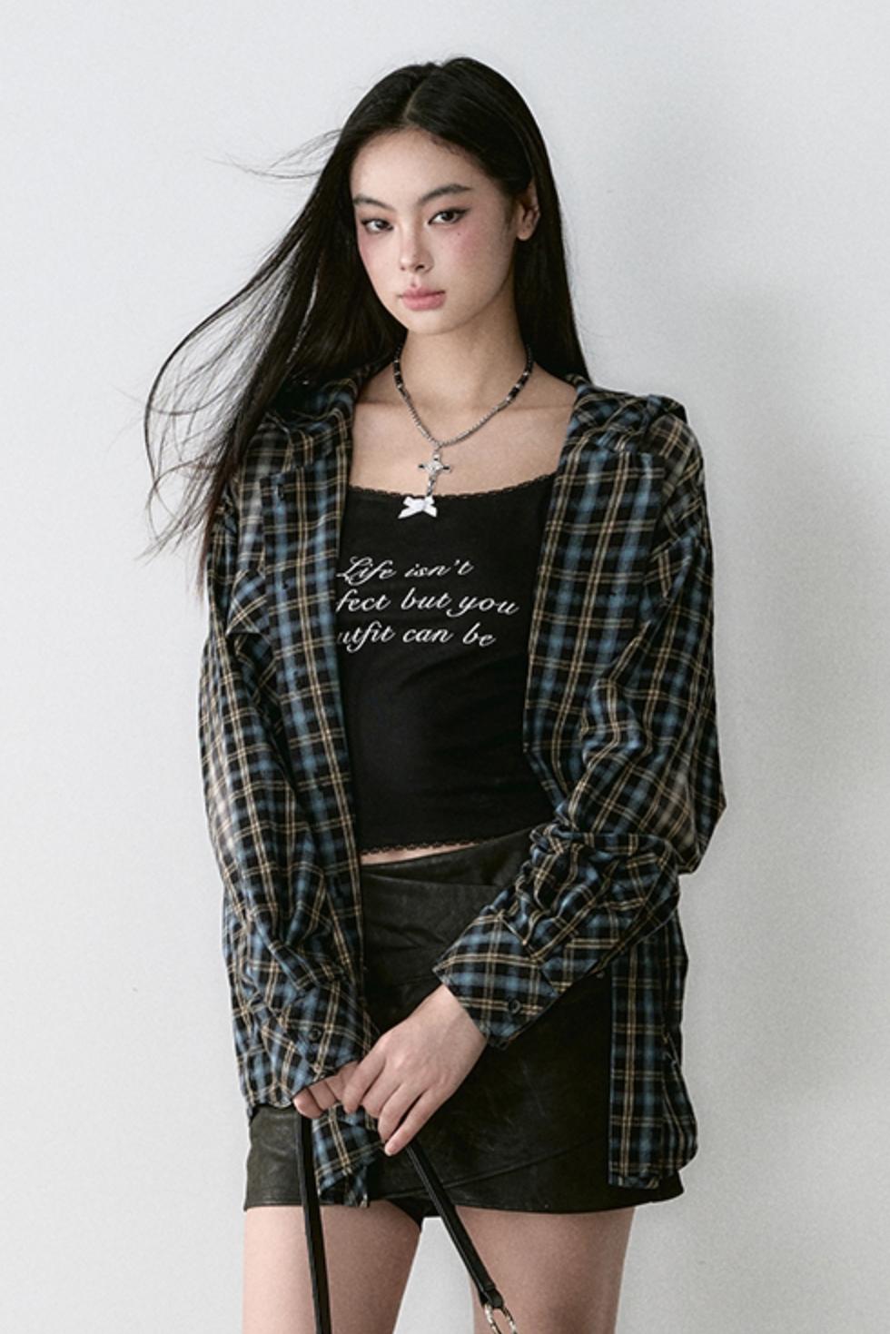 Washed Distressed Plaid Hooded Shirt