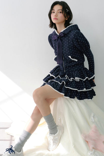 Hooded Polka Dot Tracksuit Skirt Set-Up