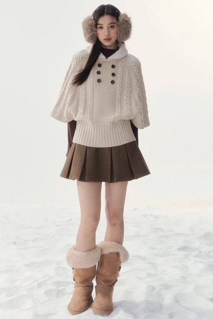 Coffee-Colored Fur Collar Cape Sweater