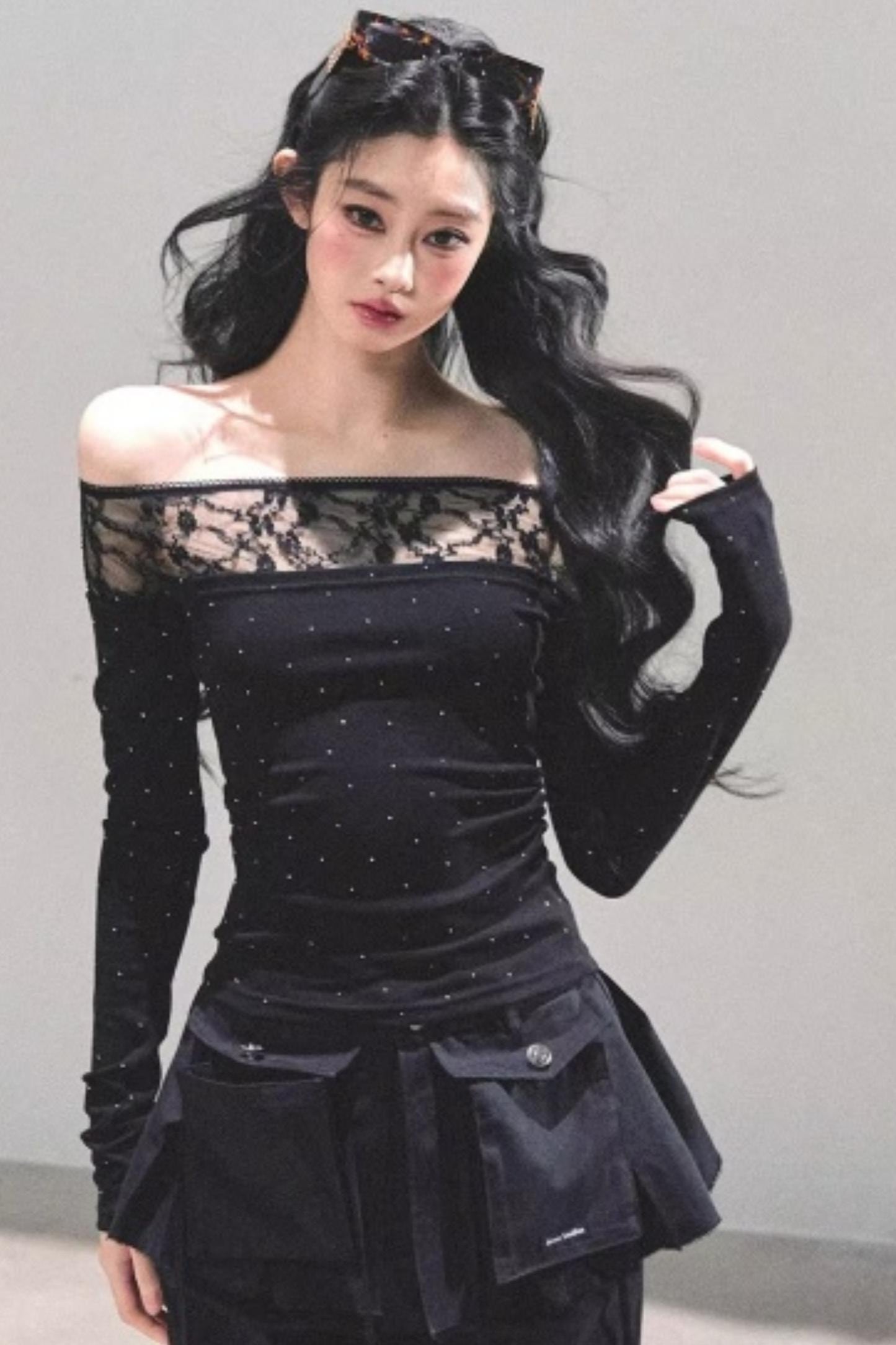 Lace Polka Dot One-Shoulder Top