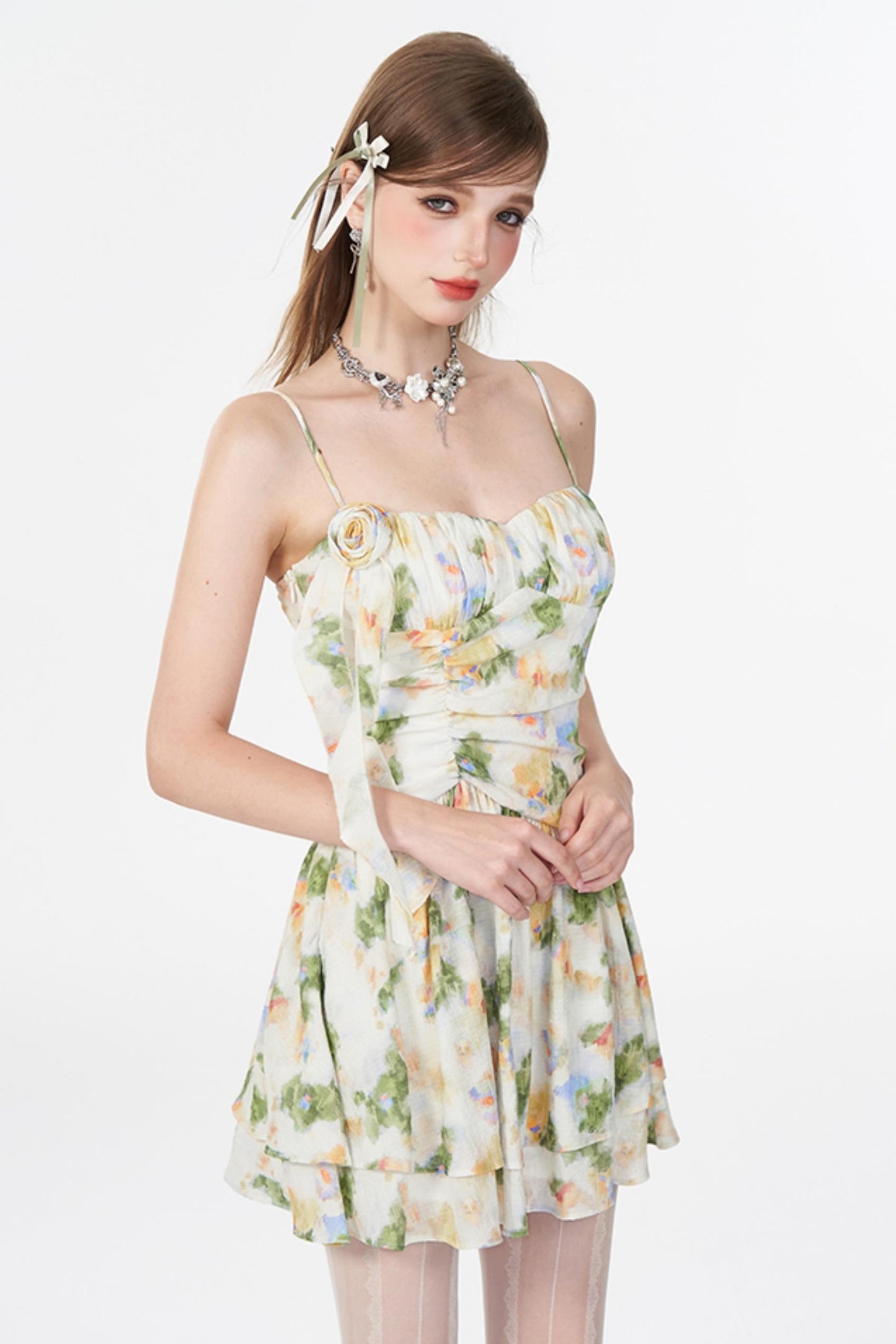 Floral Elegance Shrink-Waist Cami Dress