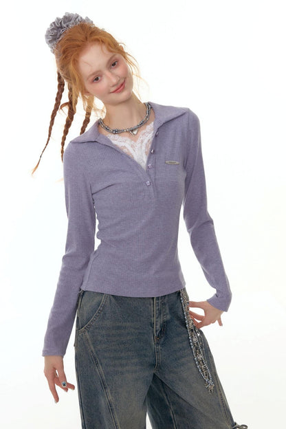 American Lace Polo Collar Knit Top