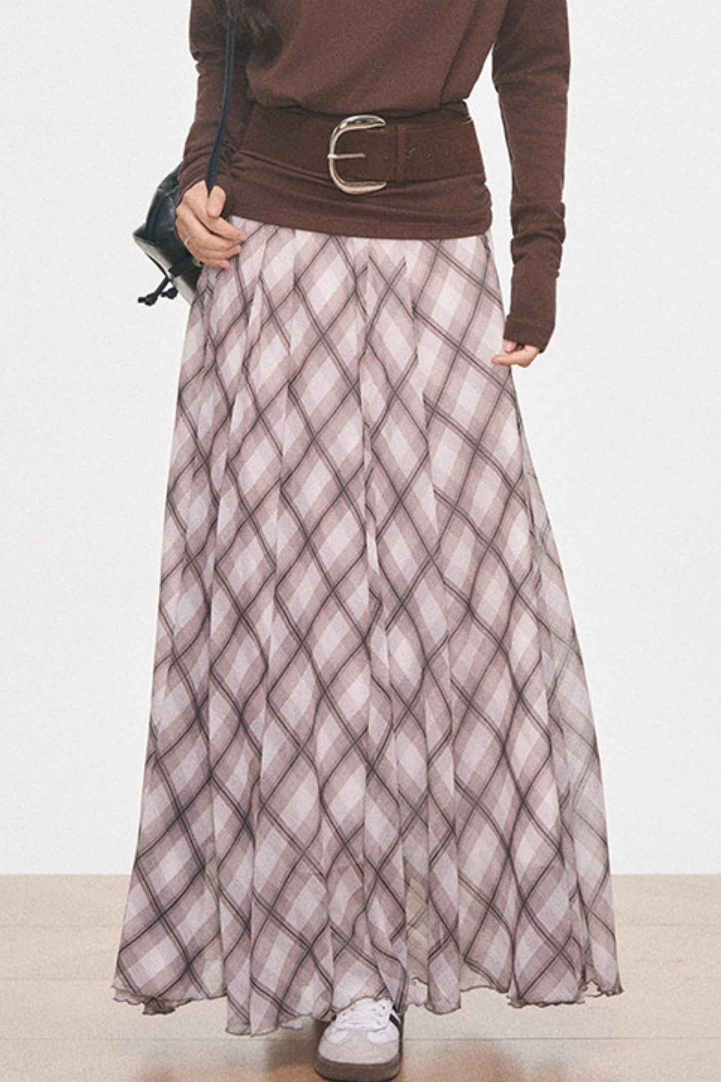 Knitted Off-Shoulder Top and Plaid Skirt Set-Up