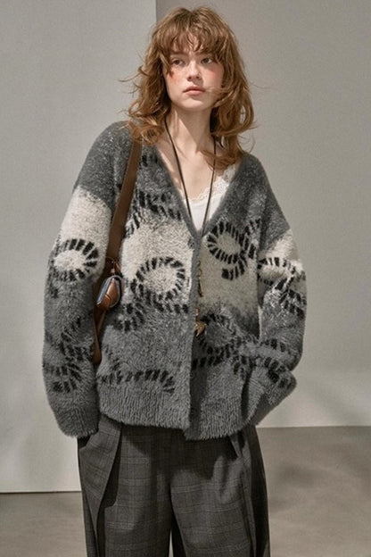 Bow Gradient V-Neck Knitted Cardigan