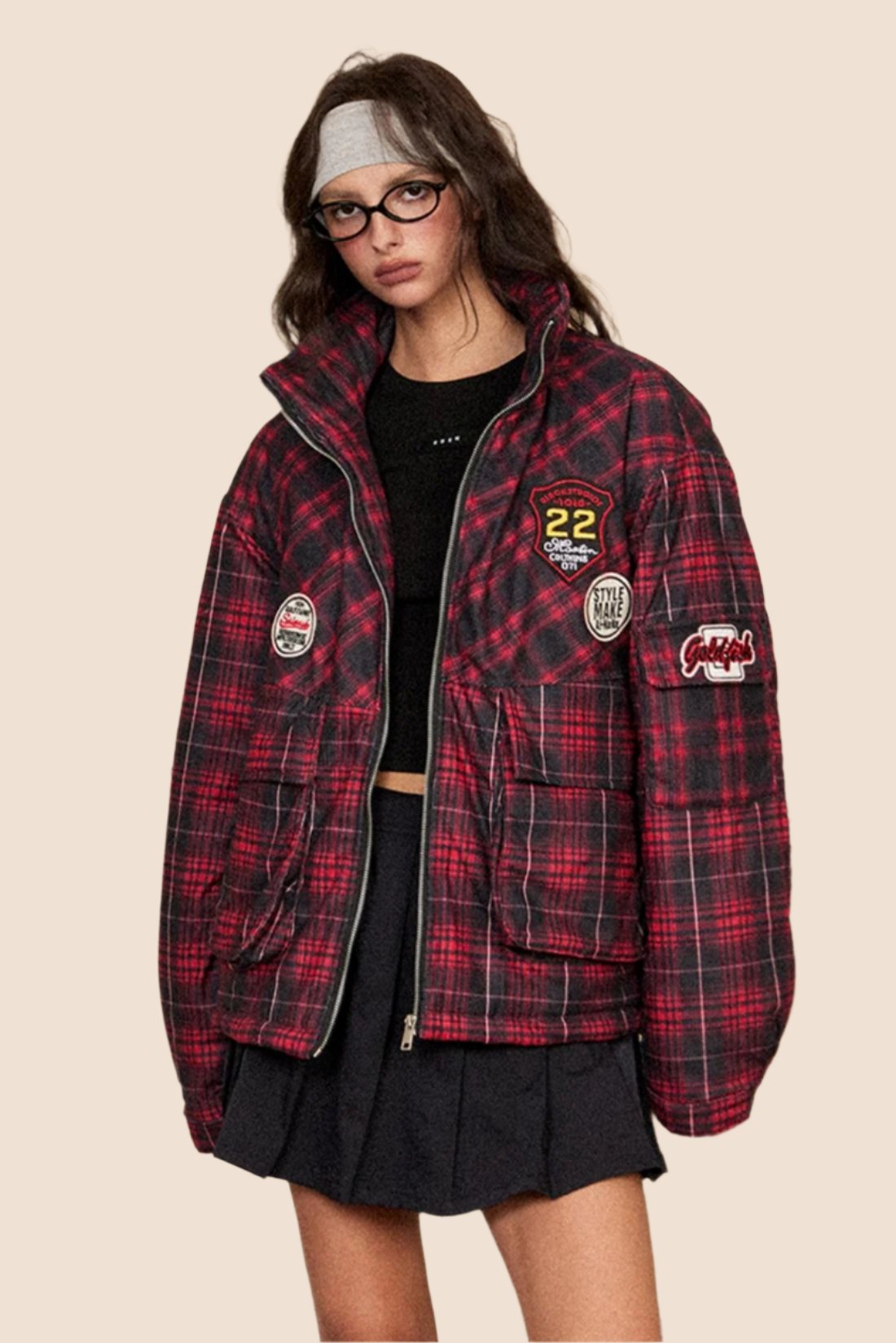 EZEK American Retro Stand Collar Red Plaid Cotton Jacket Baumwolljacke Women's Loose Lazy Thickened Cotton Jacket Breadwear Jacket