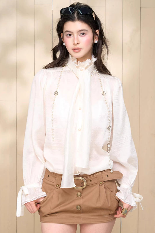Tassel Ribbon Chiffon Shirt