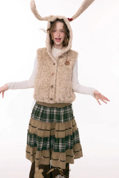 Black Leather Rabbit Hooded Vest Jacket