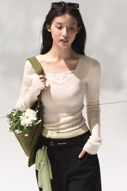 Skin Lace Wool Knit Sleeve Sweater Top