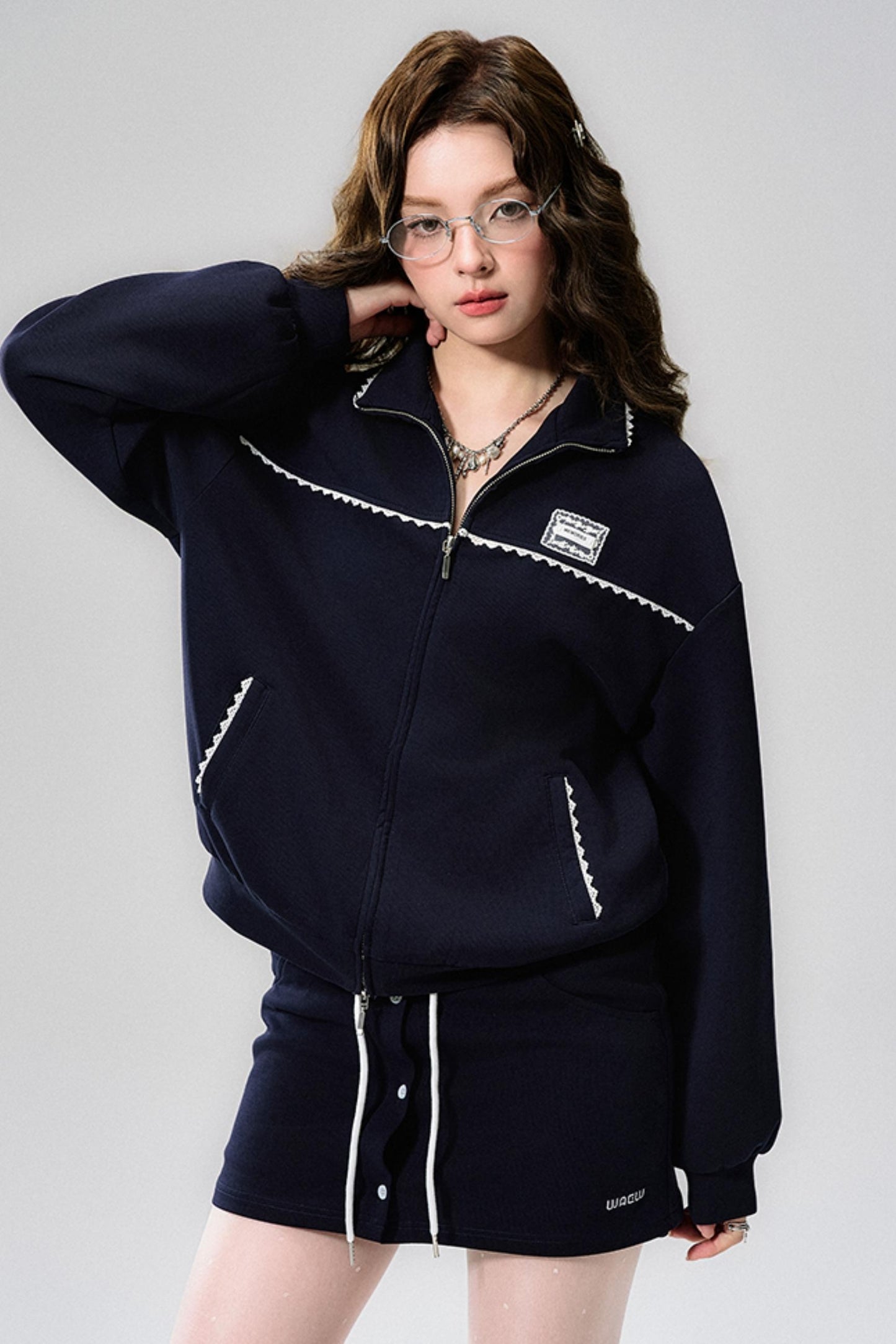 Navy Lace Jacket & Skirt Set-Up