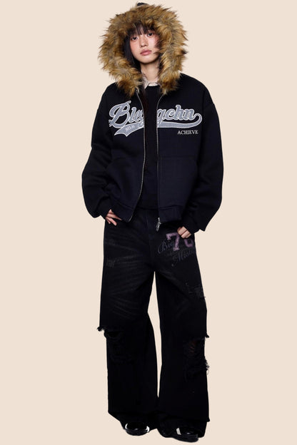 Embroidered Fur Collar Hooded Cardigan