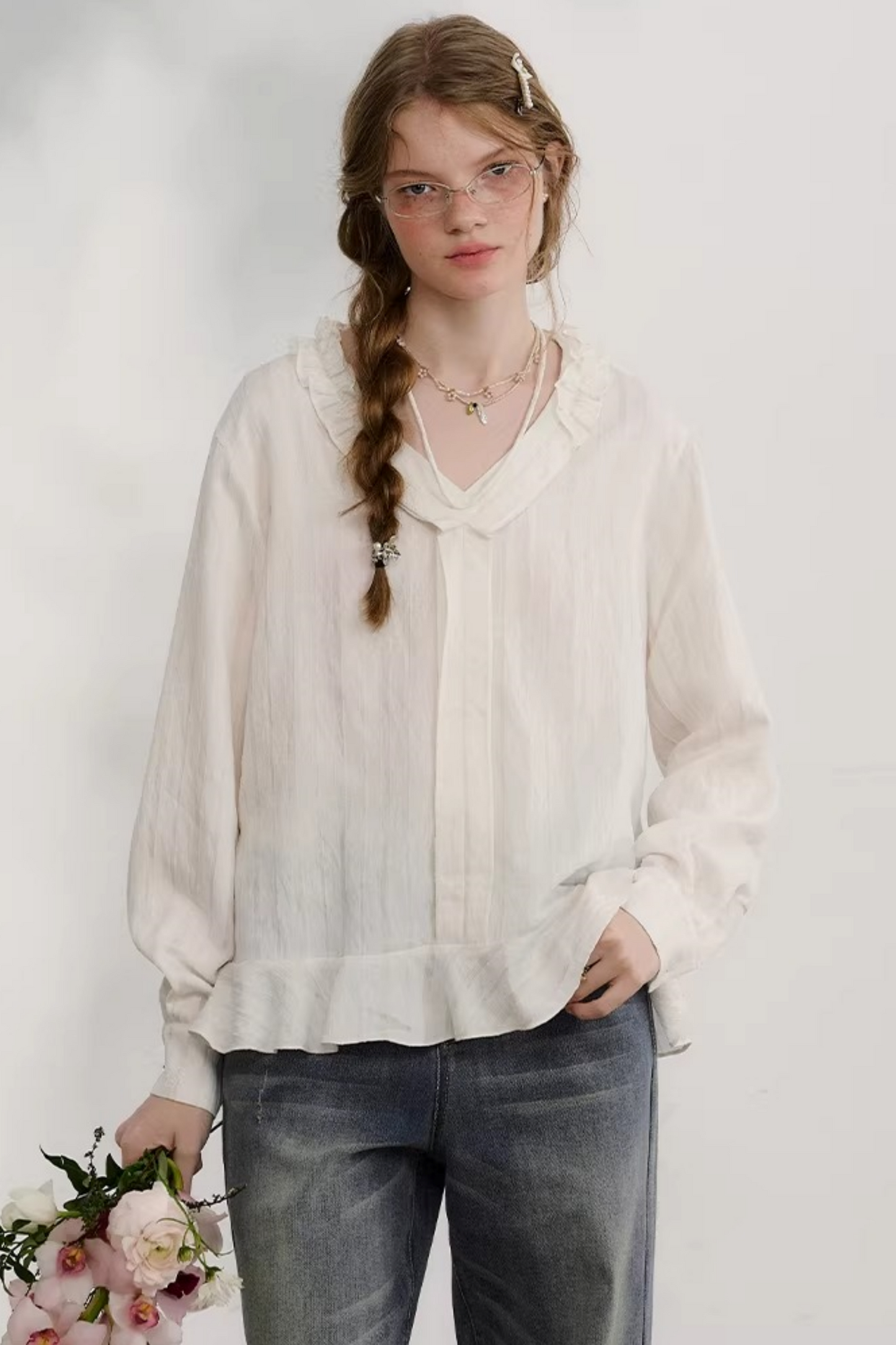 Striped Lace Sleeve Blouse