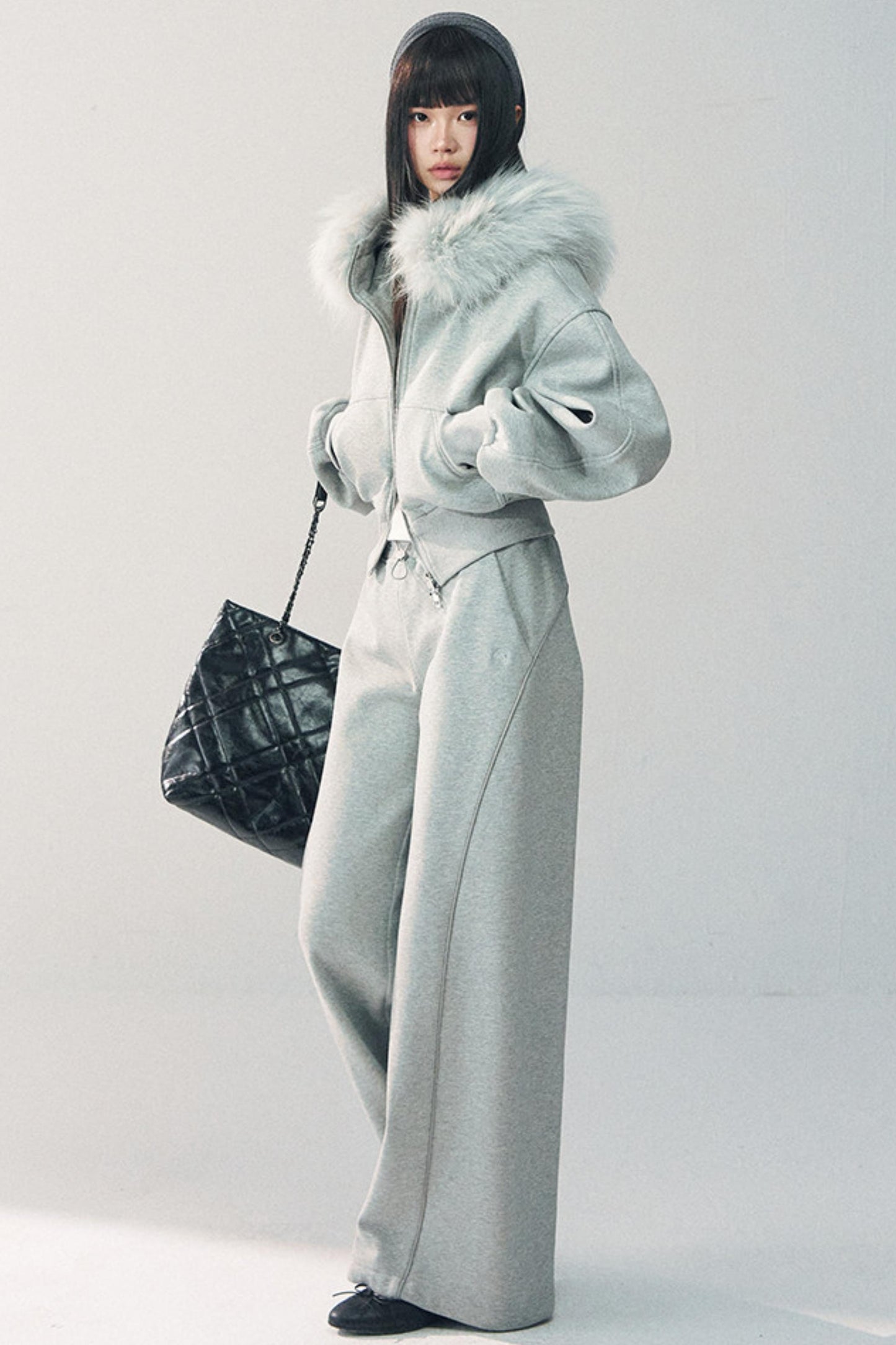 탈부착 가능한 모피 칼라 스웨트셔츠 재킷 세트