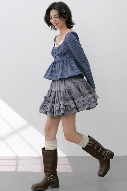 Vintage Check Square Neck Cinched Shirt