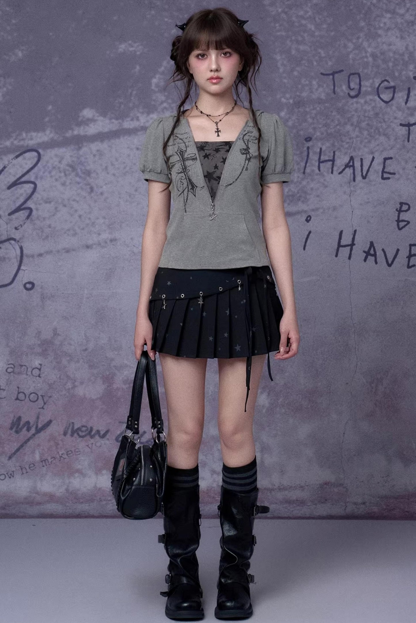 Gray Cross Hooded Top