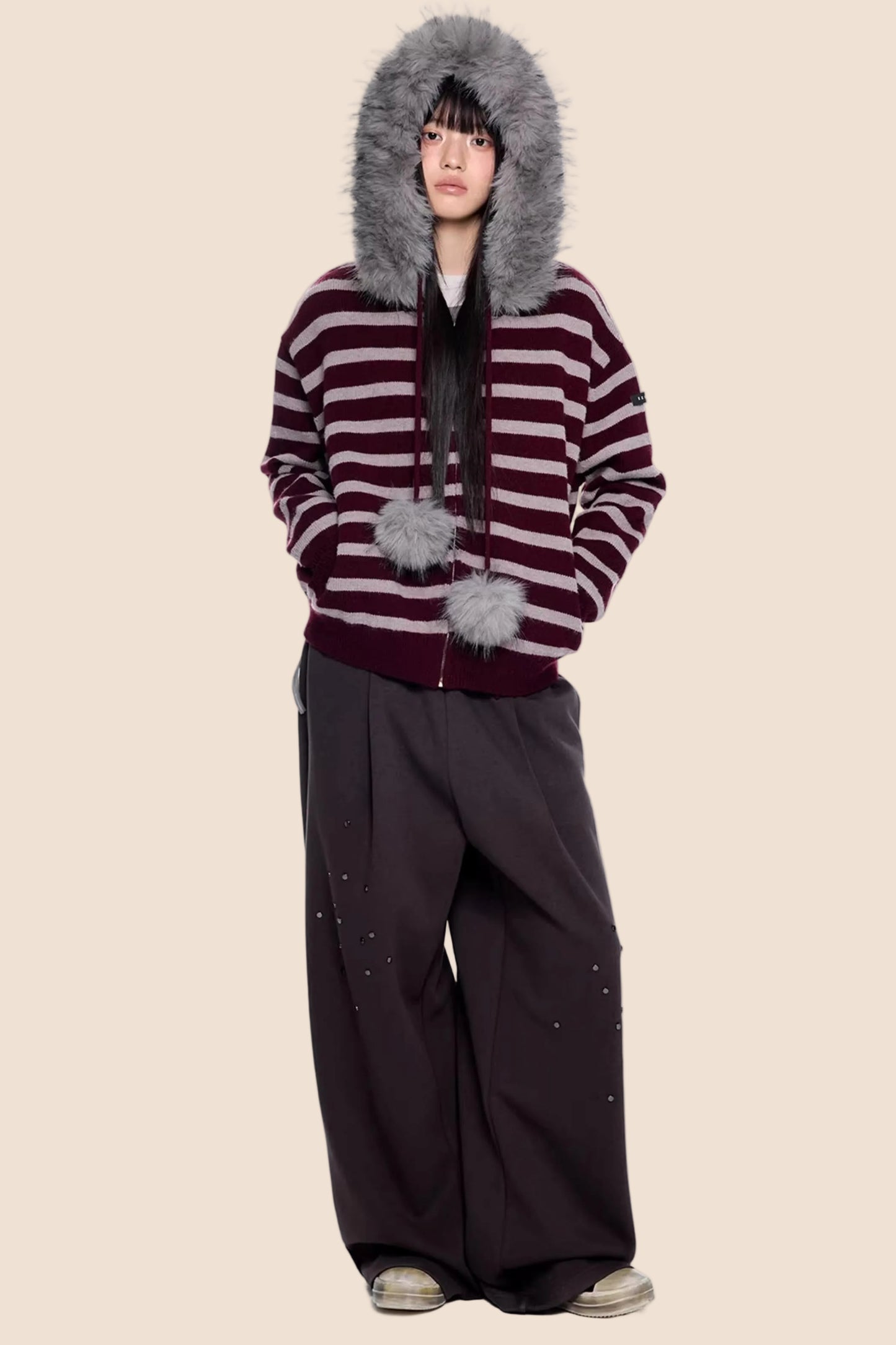 Fur Collar Striped Knit Cardigan