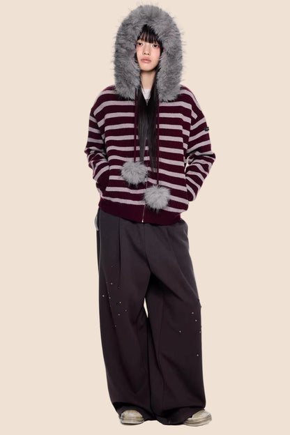 Fur Collar Striped Knit Cardigan