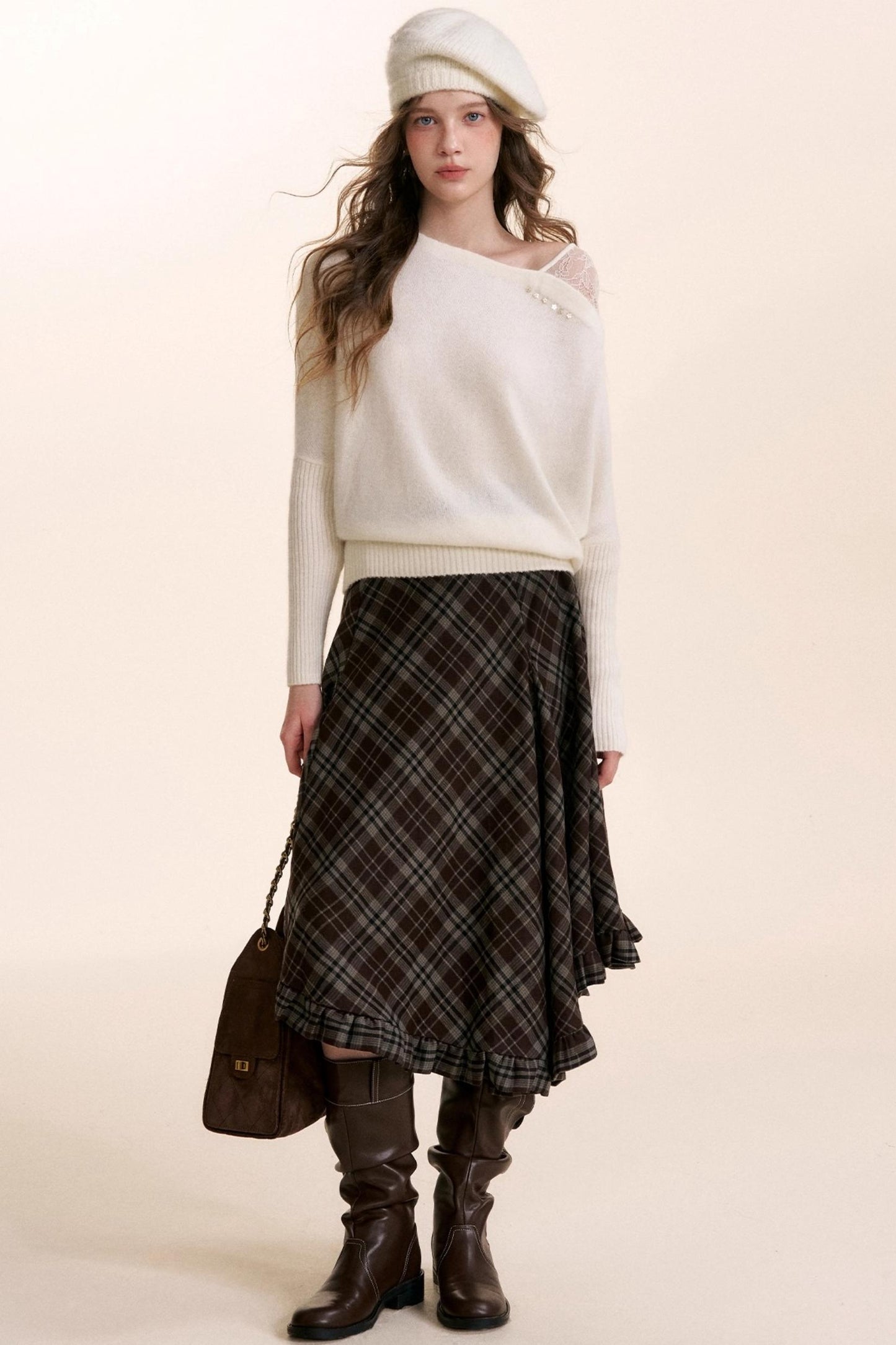 Irregular Ruffled Plaid Skirt