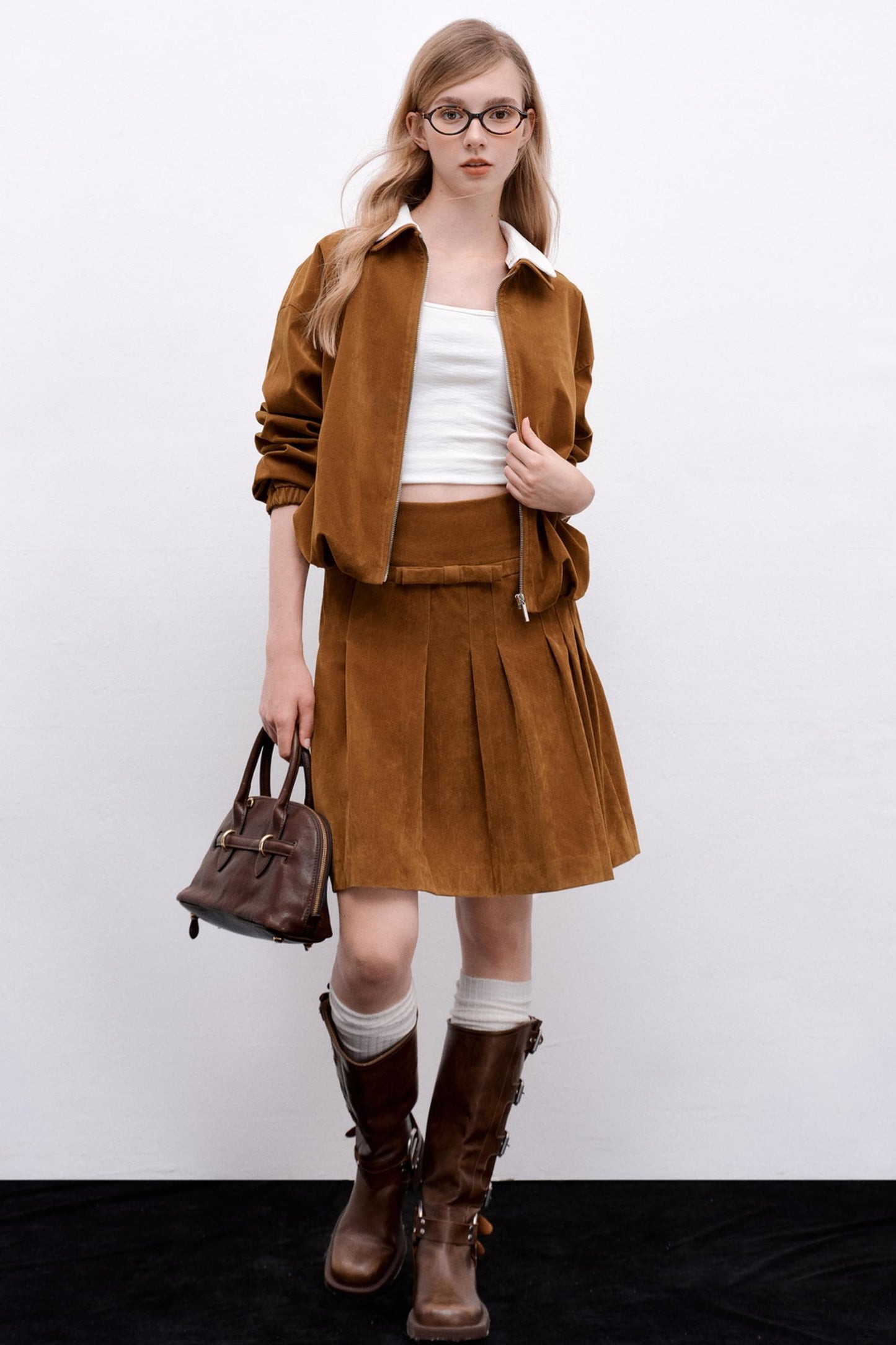 Suede Irregular Pleated Skirt