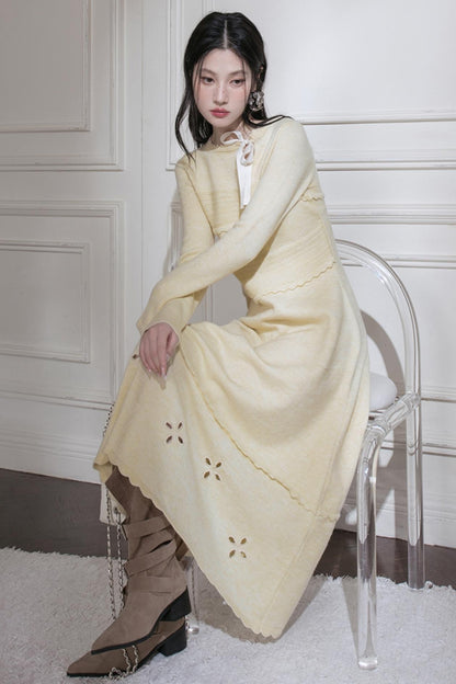 Cream Gray Lace Wool Dress