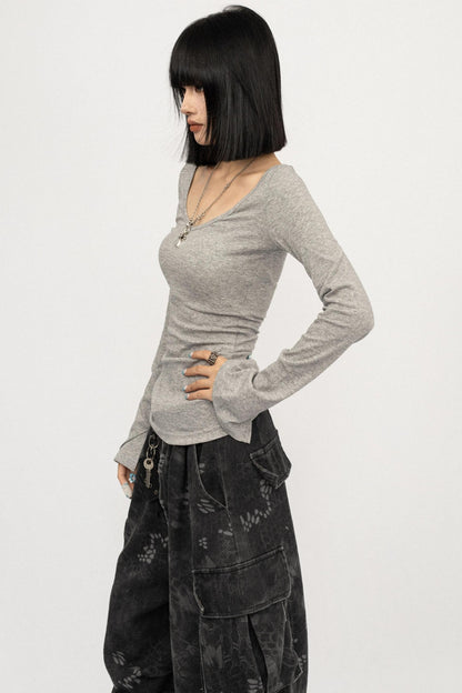 Autumn V-Neck Slim Black Top