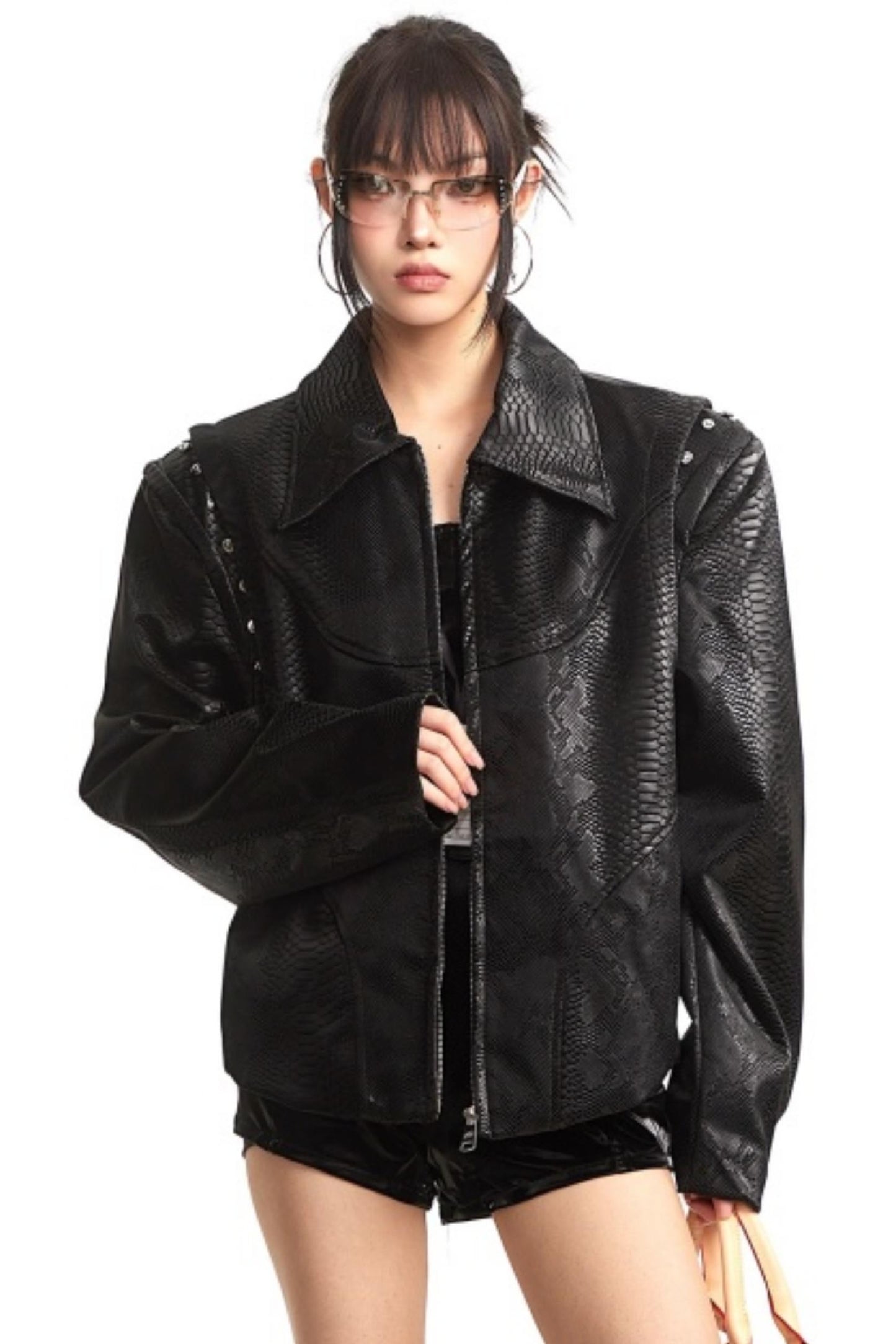 Retro Shoulder-Padded Leather Jacket