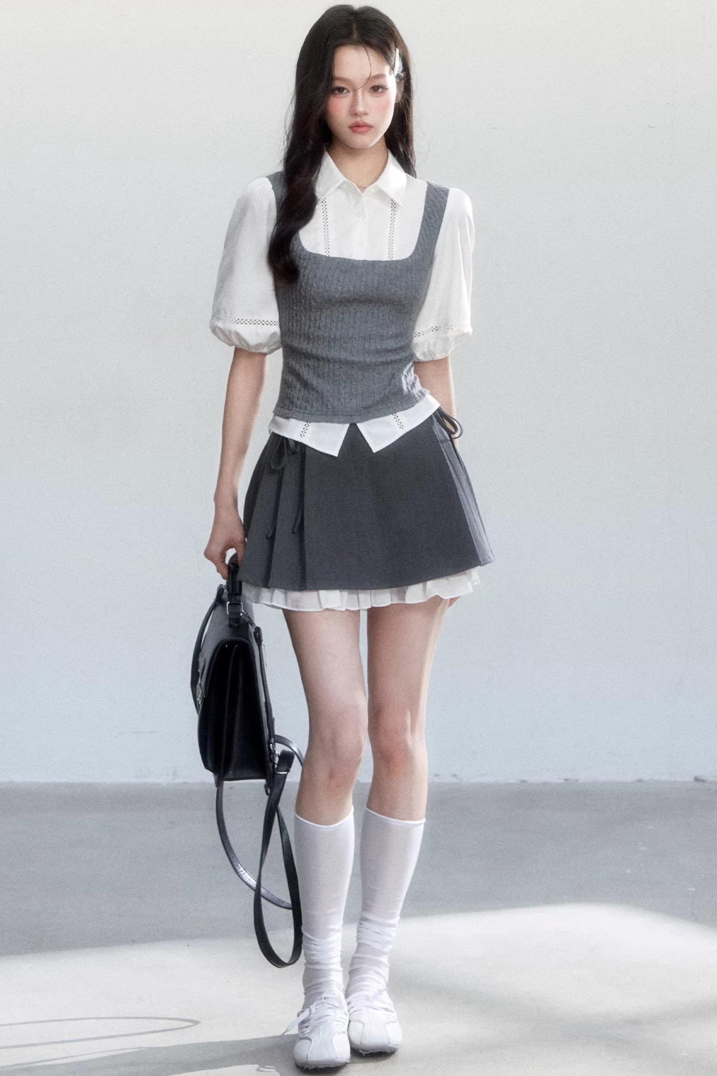 Conjunto de camisa de manga abullonada con bloques de color