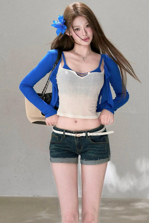 Textured Knit Cardigan Tank Top Three-Piece Set-Up