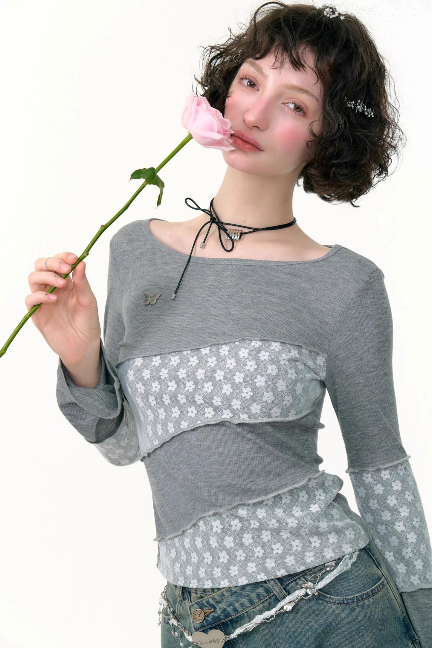 Twill Stitch Lace Knit Top