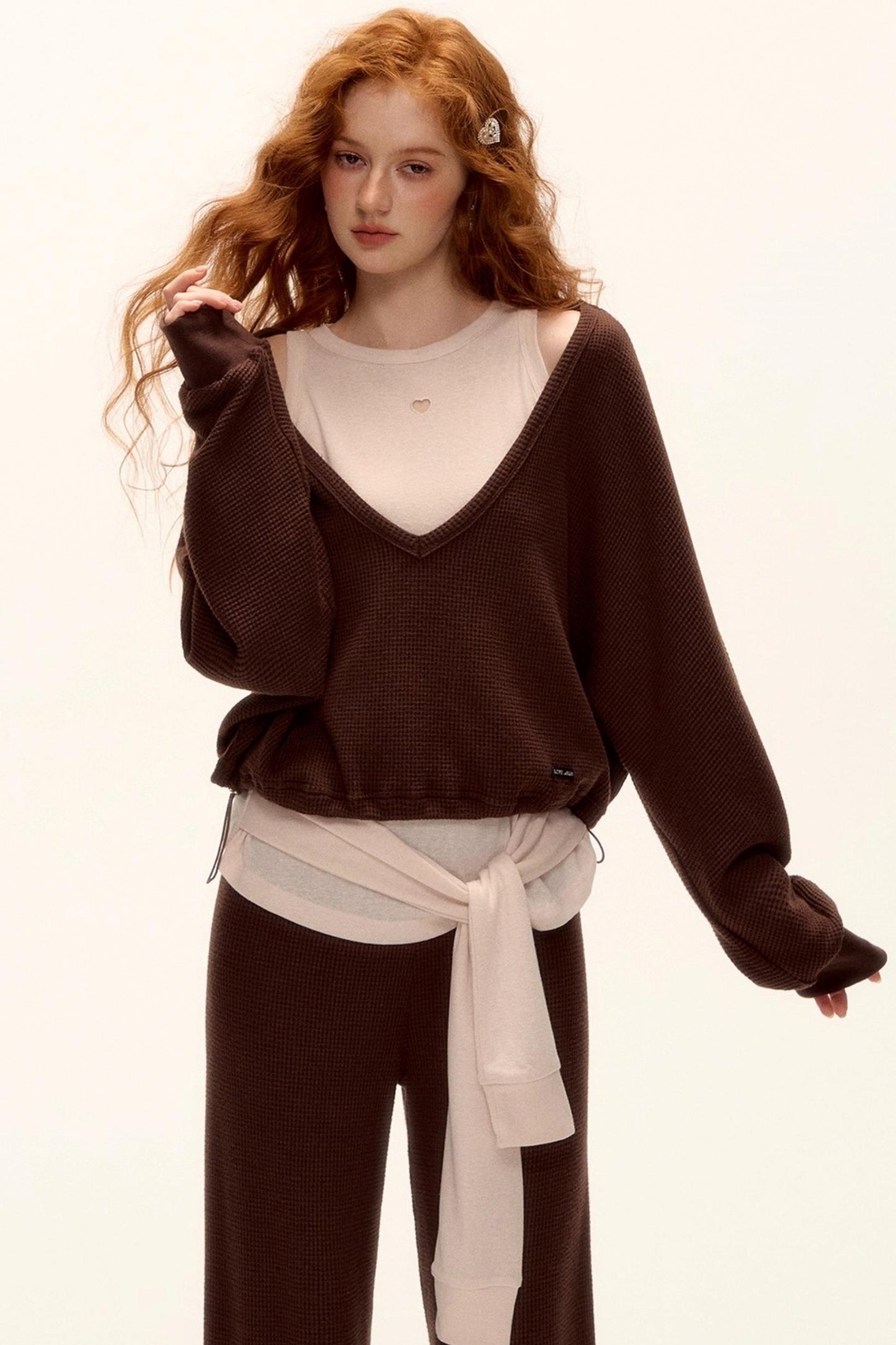 Waffle Knit V-Neck Sweater Set-Up