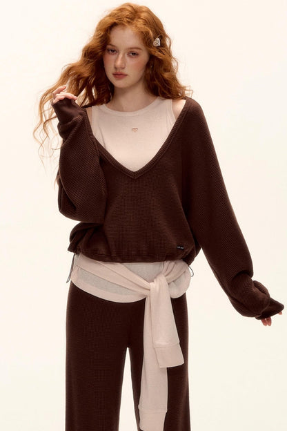 Waffle Knit V-Neck Sweater Set-Up