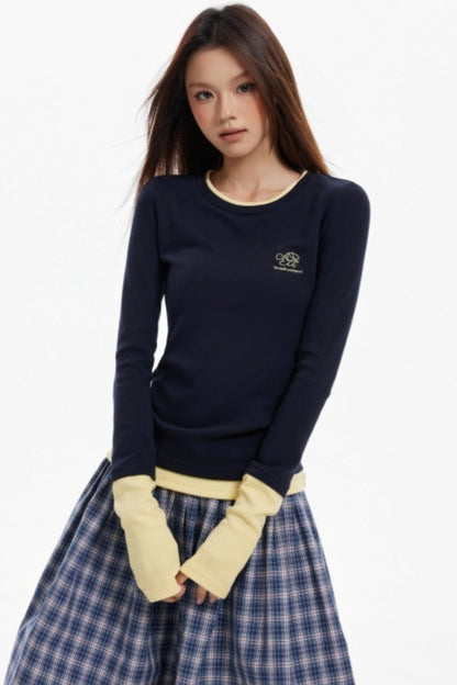 Contrast Fake Two Vintage Long-Sleeve Top