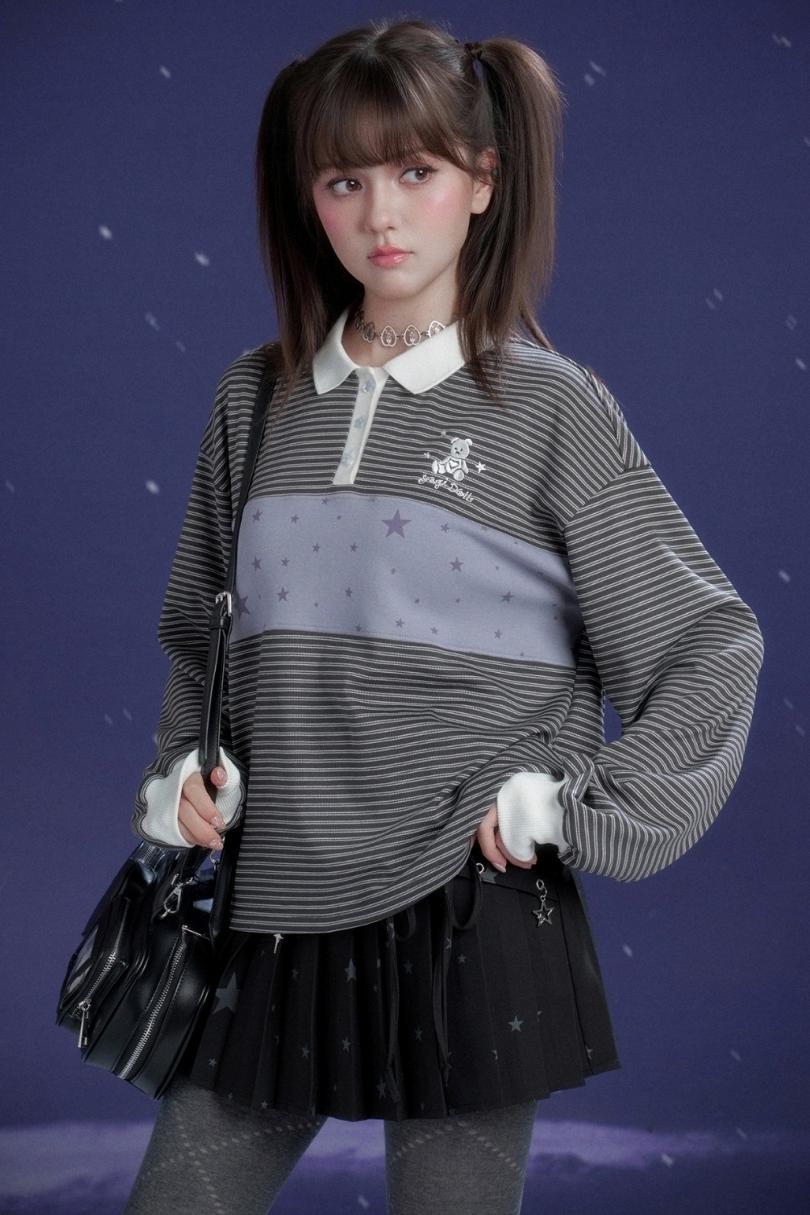 Energetic Gray-Purple Striped Polo Top