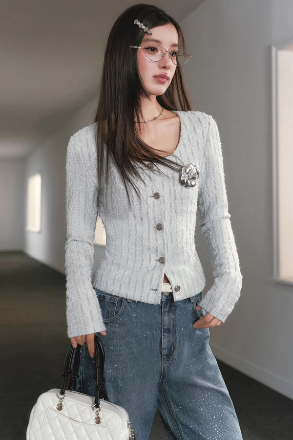 Silver Silk Retro Cardigan Top