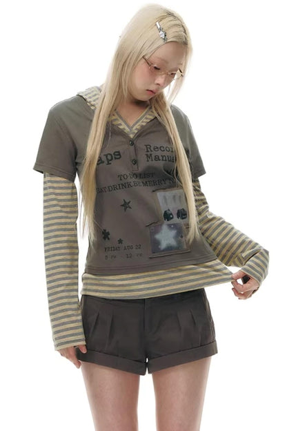 Hooded Spliced Long-Sleeve Top