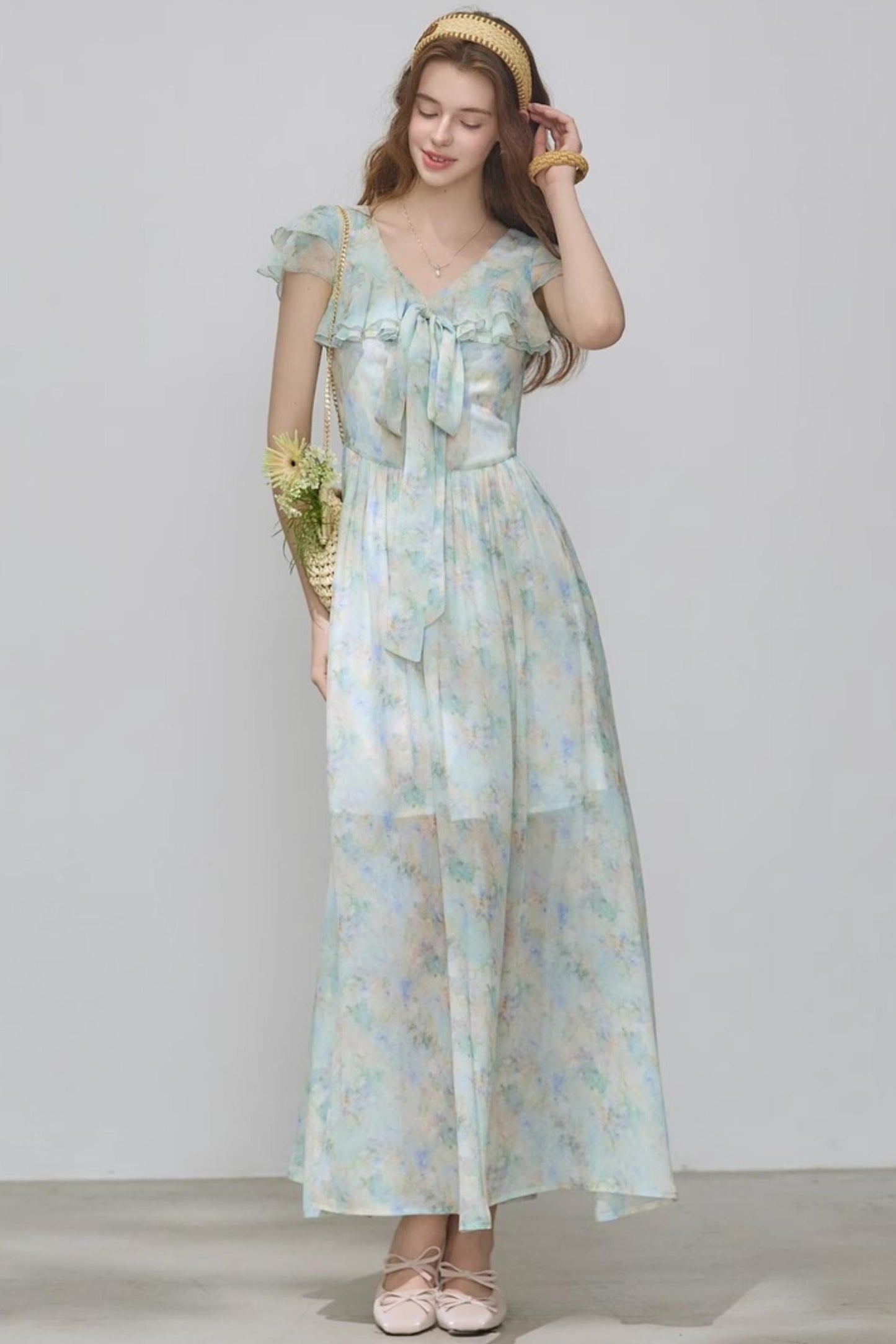 Slim V-Neck Ruffle Dress