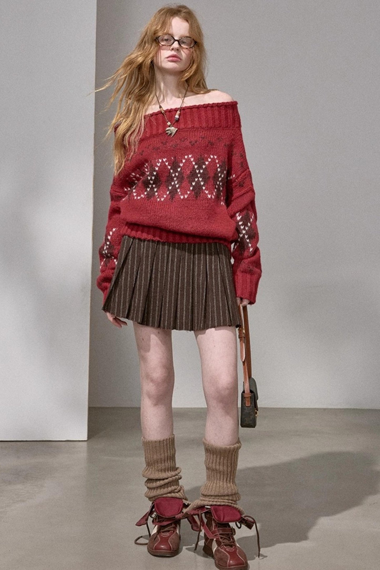 Thick Knit Argyle Off-Shoulder Sweater