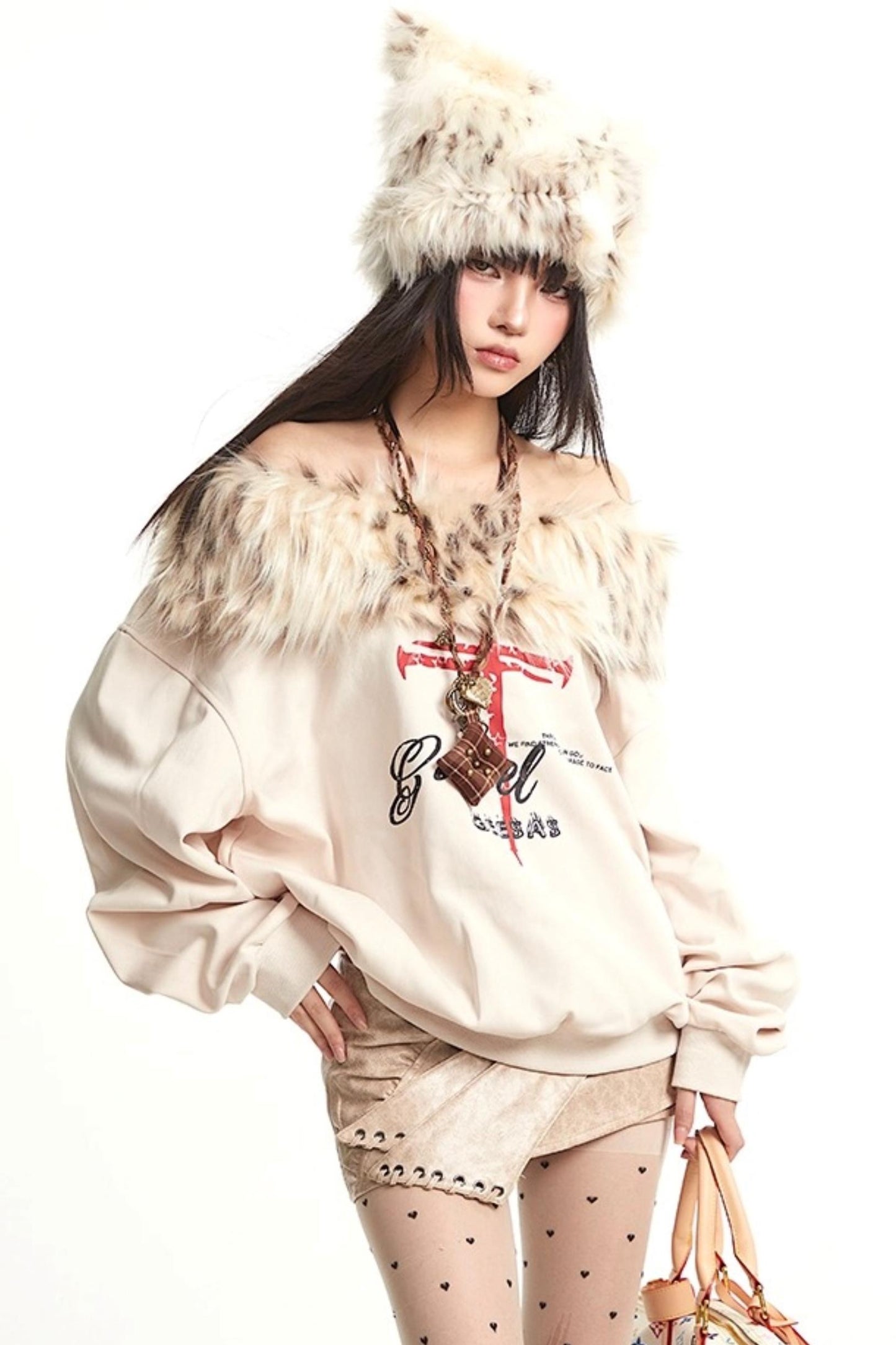 Vintage Apricot One-Shoulder Fur Collar Sweatshirt