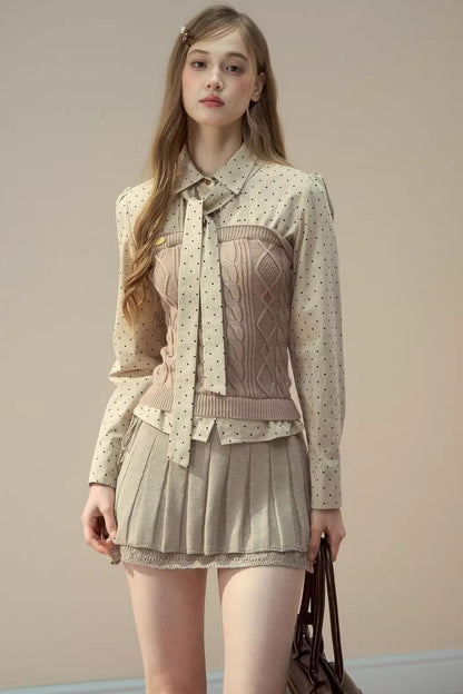 Polka Dot Patchwork Shirt And Skirt Set-Up