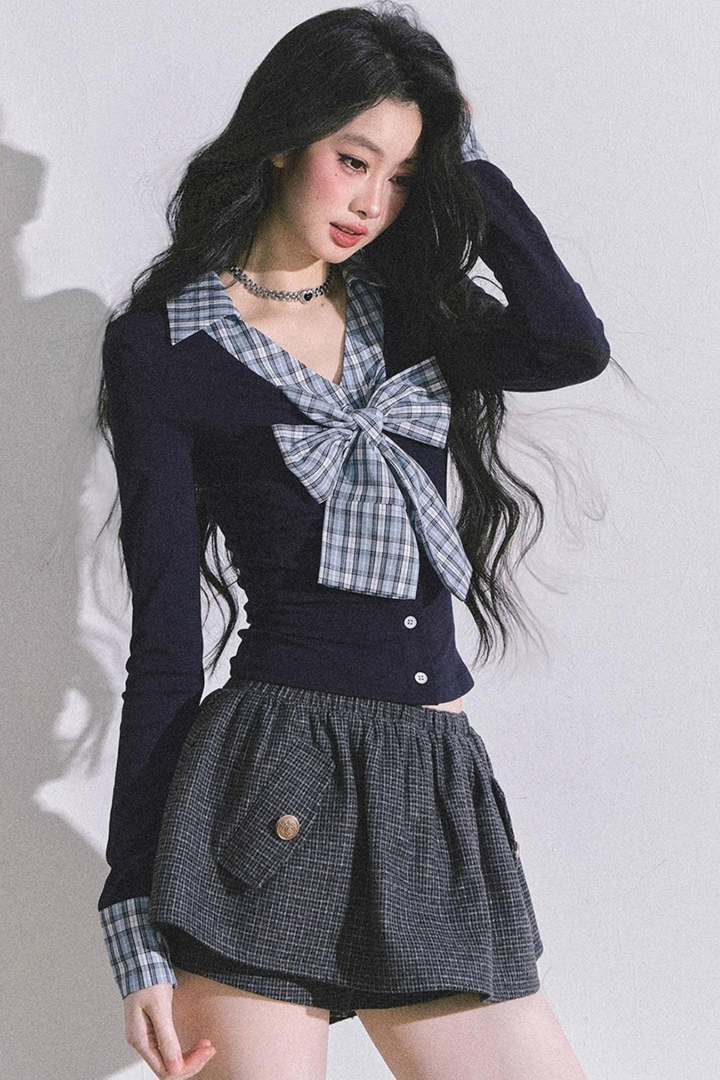 American Long-Sleeved Bow Plaid T-Shirt