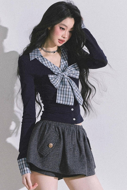 American Long-Sleeved Bow Plaid T-Shirt