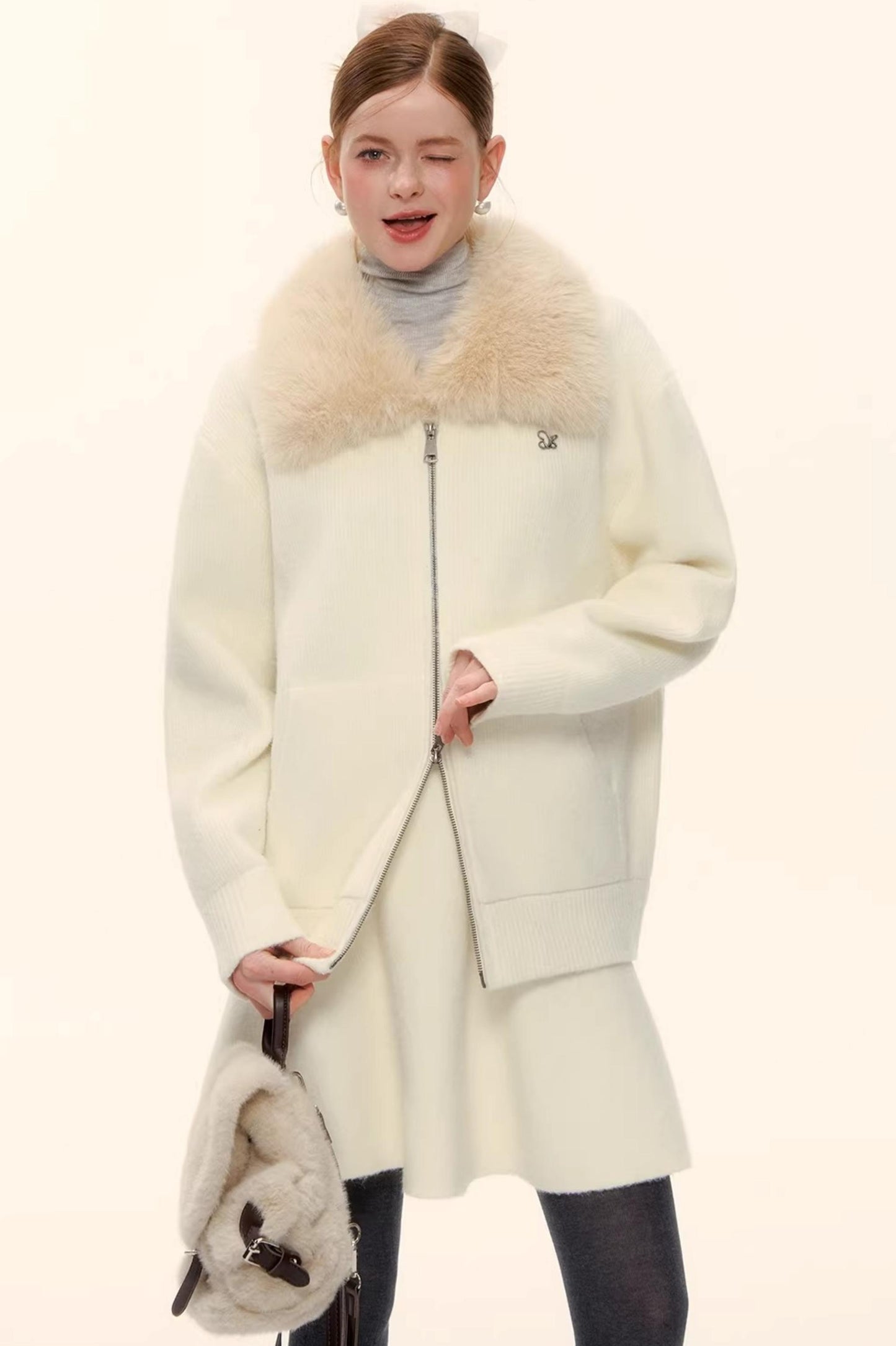 Wool Blend Lapel Fur Collar Coat Set-Up