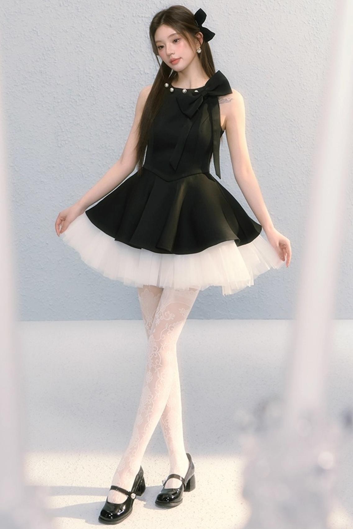 Obsidian French Bow Sleeveless A-Line Dress