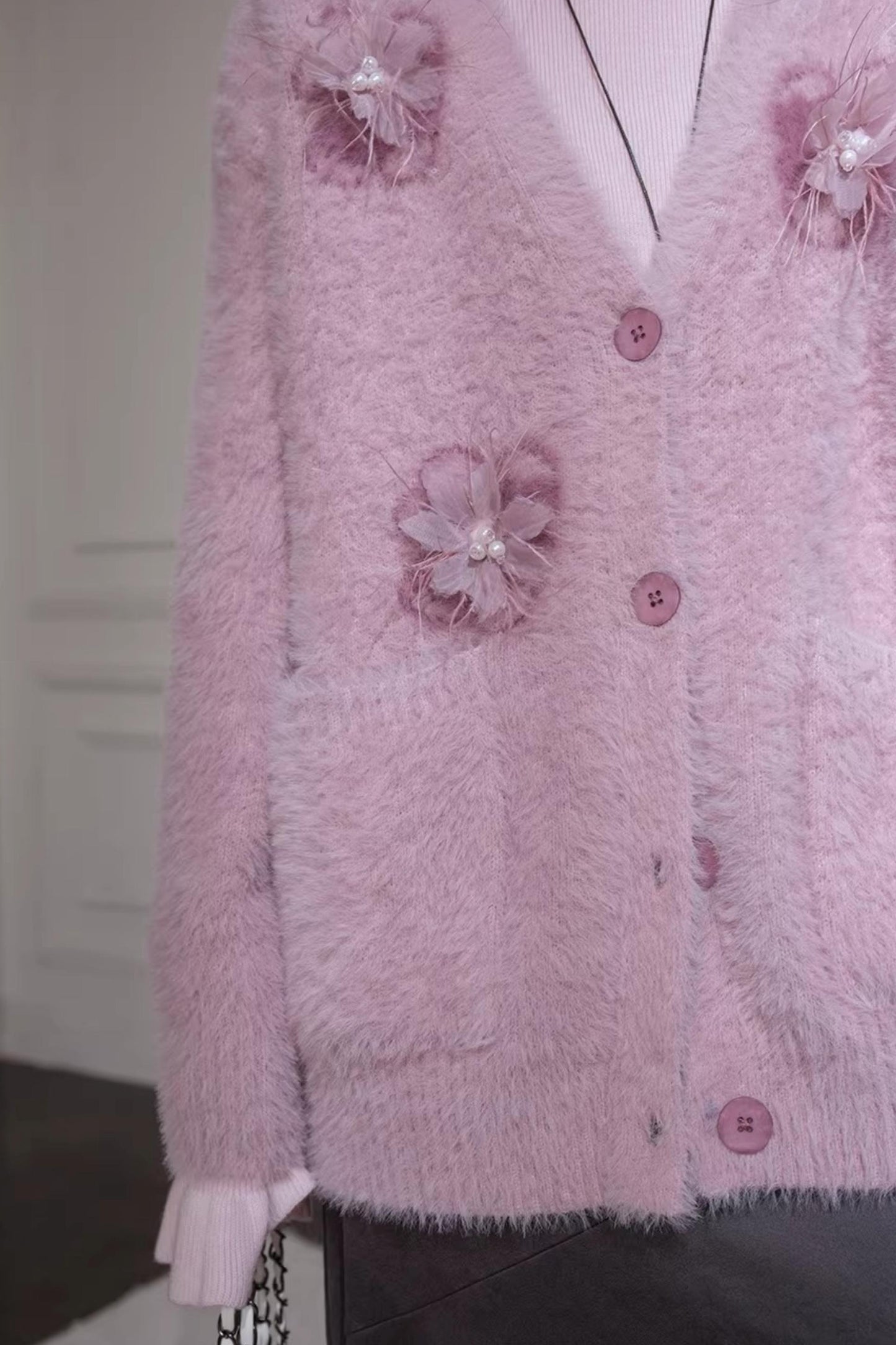 Pink Feather Flower Cardigan