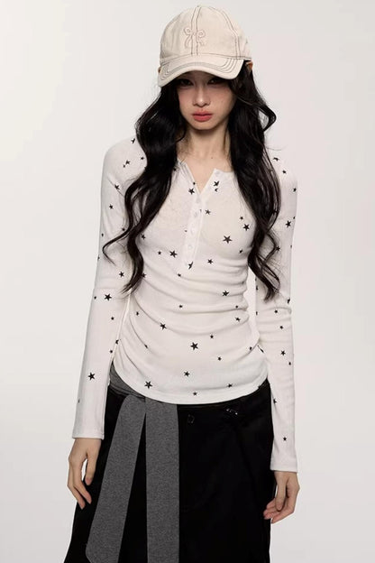 Star Print Knitted Henley Top
