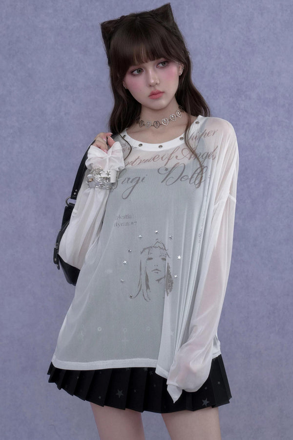 White Mesh Sun Protection Blouse Set-Up