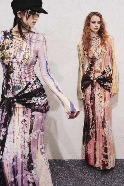 Lotus Print Fake Two-Piece Mermaid Dress