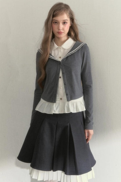 College Navy Collar Top & Skirt Set-Up