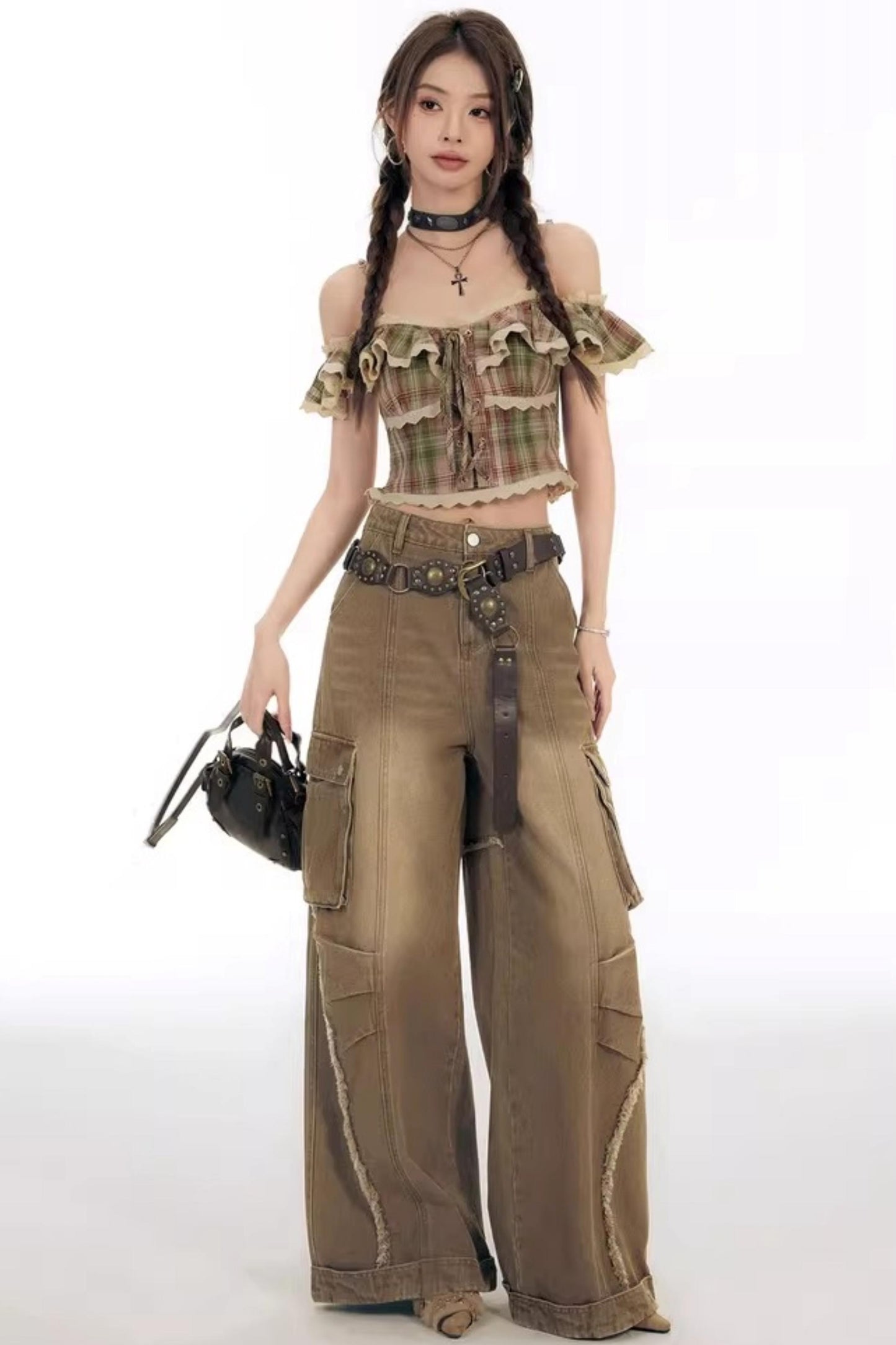 Chemisier rétro à carreaux à épaules dénudées