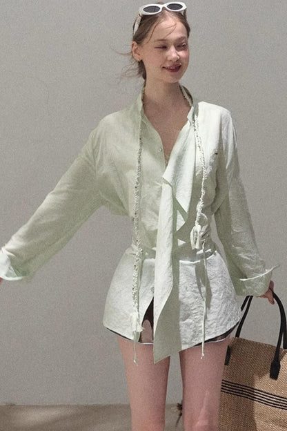 Striped Linen-Cotton Beaded Shirt