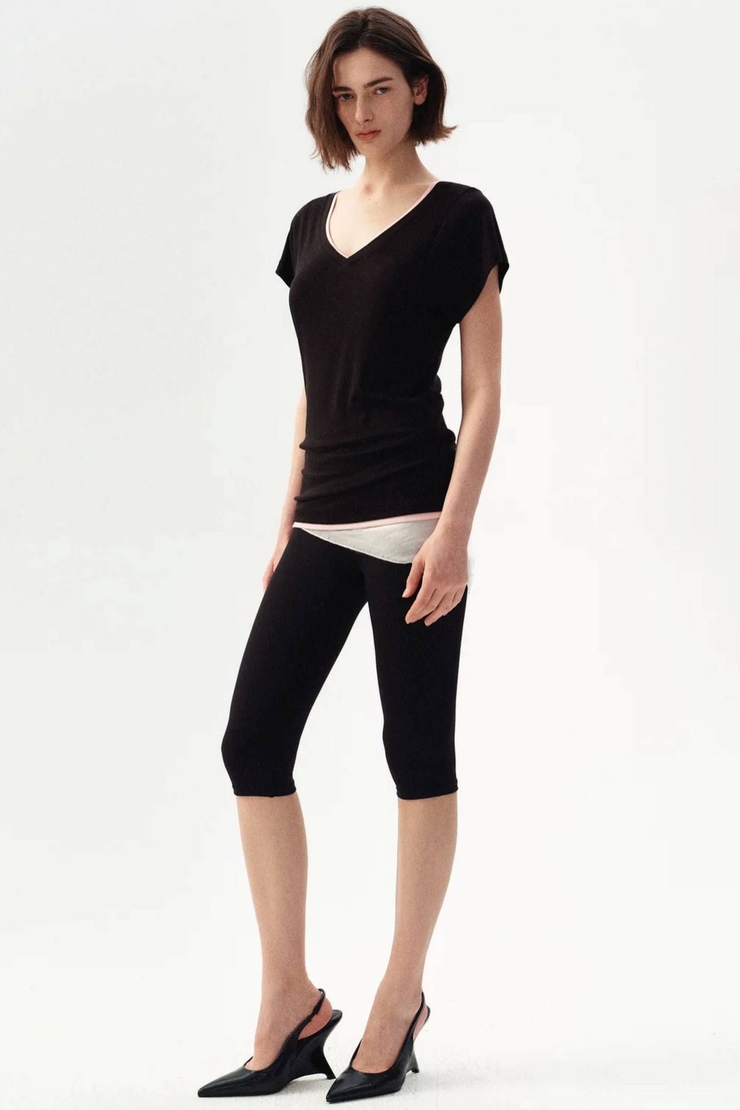 Minimalist Colorblock Deep V-Neck Wool Blend T-Shirt